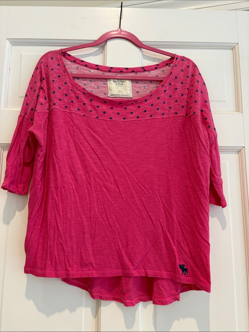 Abercrombie & Fitch Hot Pink Polka Dot Yoke Short Sleeve Tee, Size Medium/Large